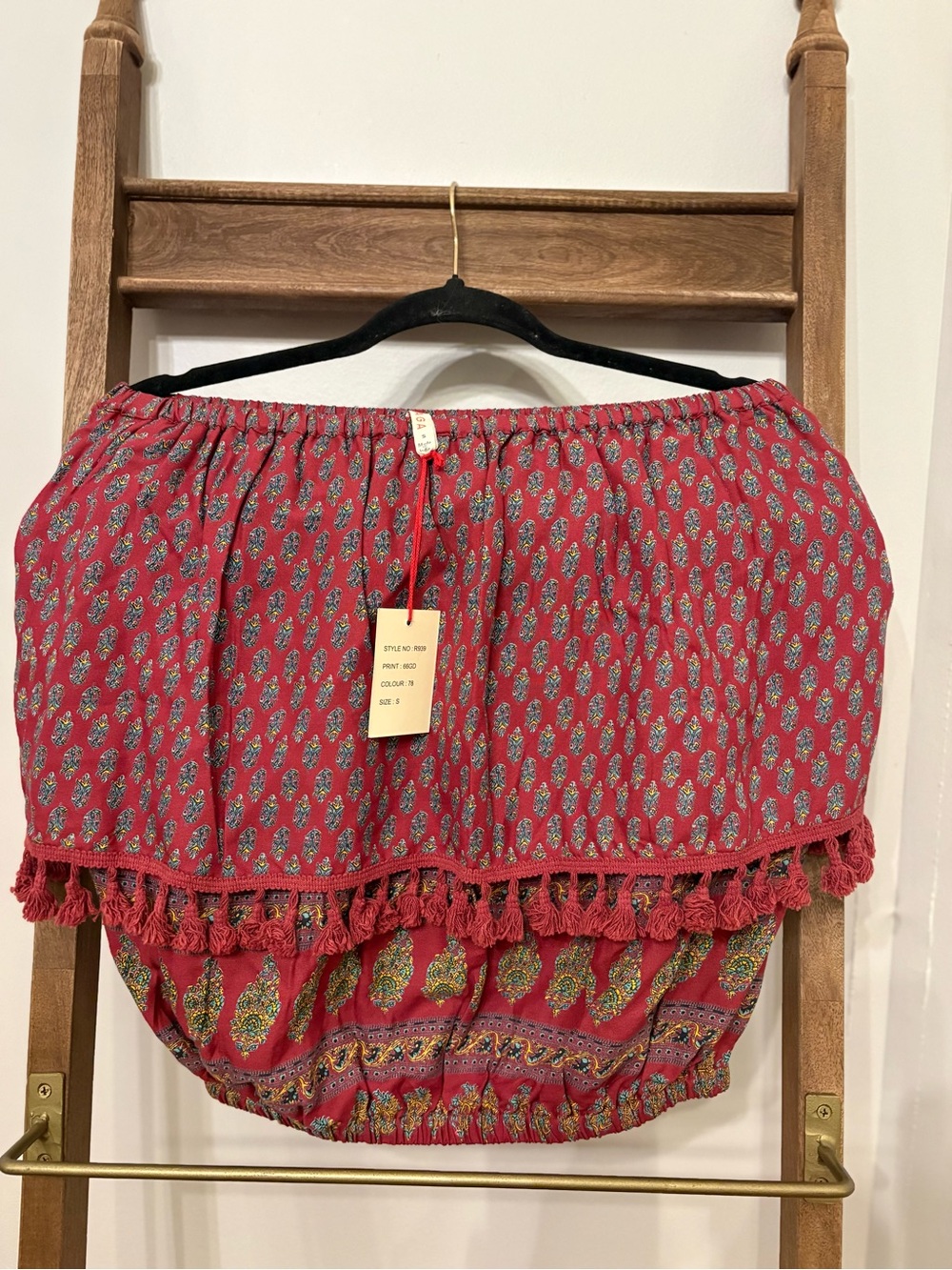 Women's Boho Tassel Top - Red Paisley Sz S